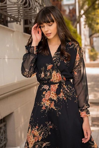 AZRA BUTİK Long Yellow Floral Chiffon Dress - Black