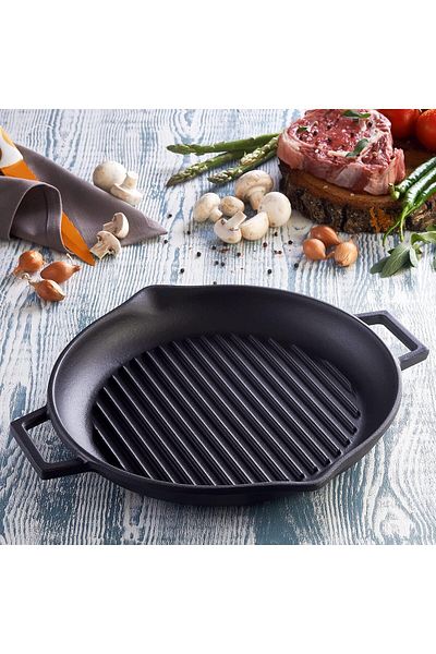 NZM TİCARET Lava Cast Round Grill Pan with Metal Handle, 30cm, Black