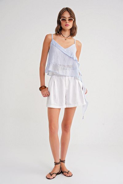 Mixray 4736 Women's Ruffled Strap Blouse Baby Blue