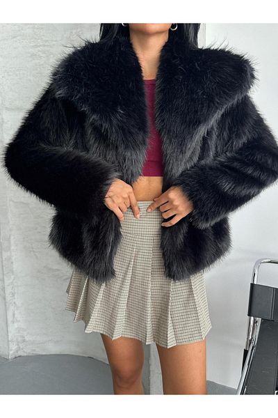 NET OF NOT Amaya Black Shawl Collar Comfortable Fit Premium Quality Zr Fur Coat with Inner Lining