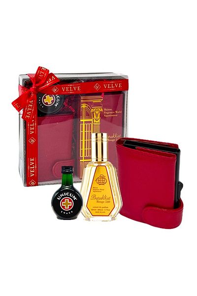 velve Amigos Package, Barakkat Arabic Perfume 50ml, Zwack Unicum Liqueur, Genuine Leather Card, Red