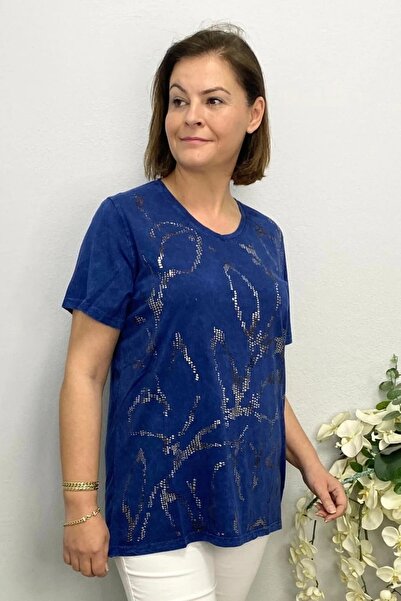 Mia Butik Women's Navy Blue Embossed Foil Printed Blouse