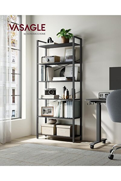 VASAGLE 6-shelf bookcase, metal frame and chipboard shelves, industrial style, 80x30x186 cm, black