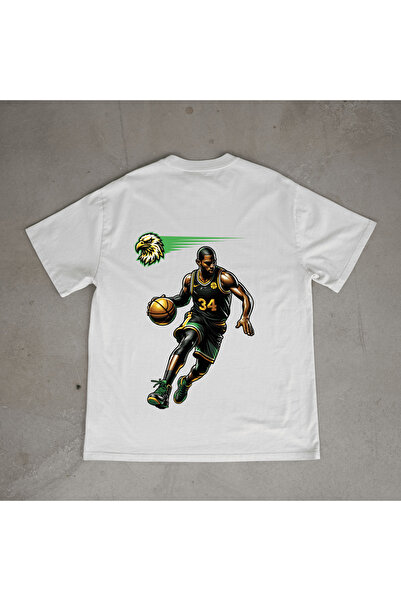 urbvn تي شيرت أبيض كبير الحجم مطبوع بتصميم كرة السلة