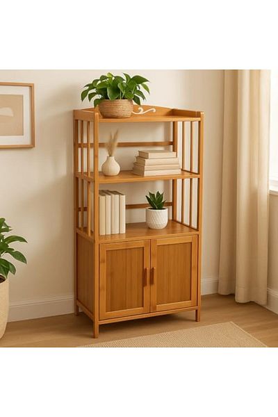 genric FFD Versatile Bamboo Bookshelf Cabinet – Narrow Vertical Bookcase, Freestanding Storage Shelf