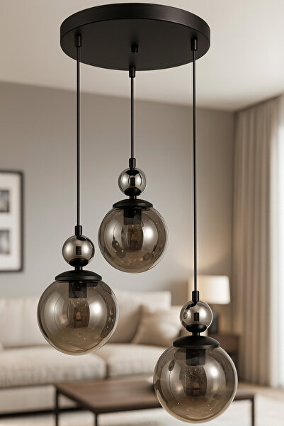 LİVORA LIGHTING Mira 3'lü Siyah Krom Füme Camlı Sarkıt Avize