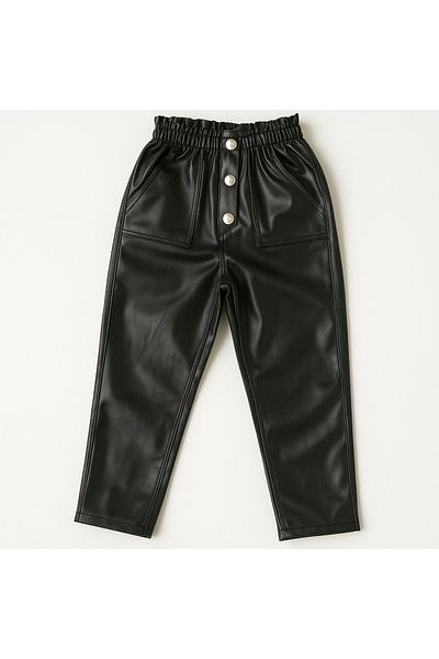 Magu Girl's Black Faux Leather Trousers - High Waist Button Detail