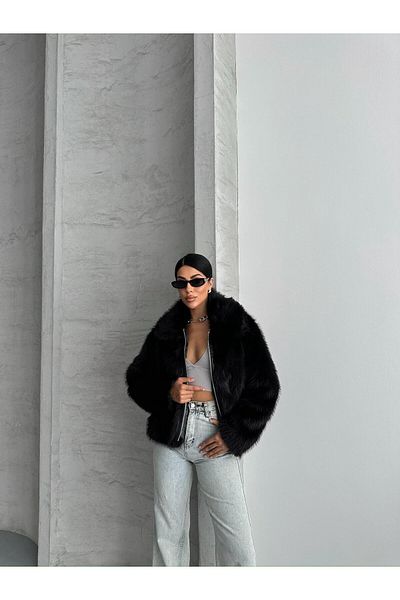 NET OF NOT Annabel Black Shawl Collar Comfortable Fit Inner Lined Premium Quality Zr Fur Coat