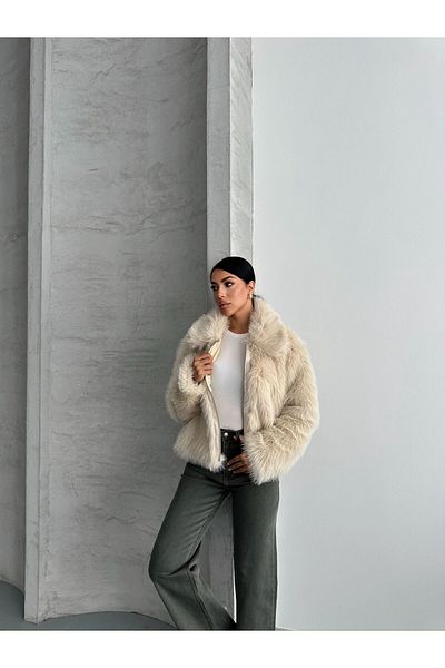 NET OF NOT Annabel Beige Shawl Collar Comfortable Fit Inner Lined Premium Quality Zr Fur Coat