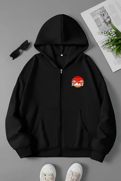 VBSVİBES Unisex Black Hooded Zippered Sweatshirt – Palm Minimal Printed, Thick Fabric with Hood
