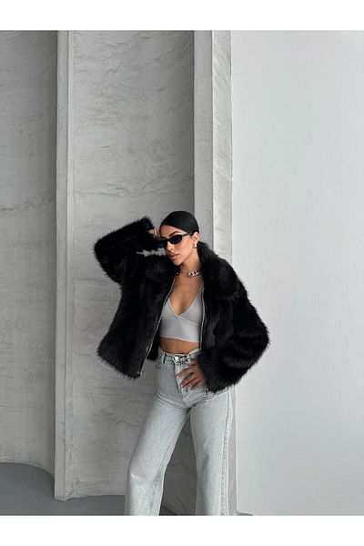 NET OF NOT Annabel Black Shawl Collar Comfortable Fit Inner Lined Premium Quality Zr Fur Coat