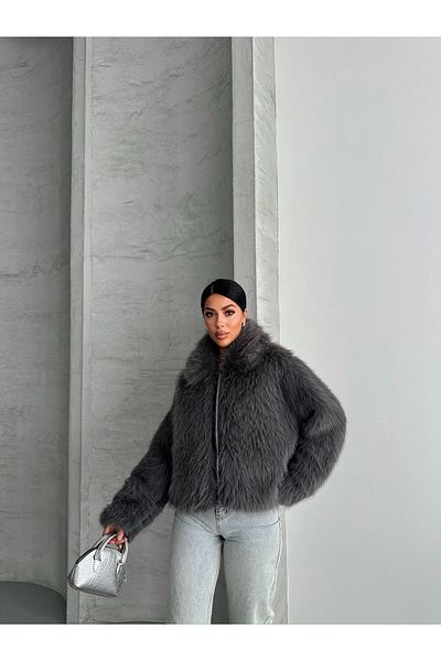 NET OF NOT Annabel Anthracite Shawl Collar Comfortable Fit Premium Quality Zr Fur Coat with Inner Lining