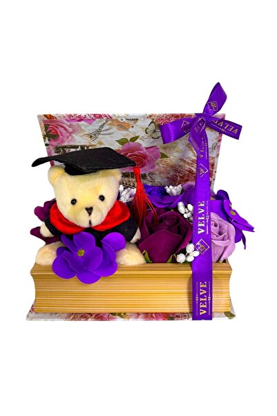 velve Aranjament Absolvire cu flori de sapun, in cutie tip carte, Ursulet plu...