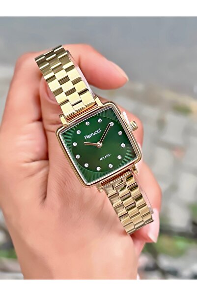 Ferrucci ساعة يد نسائية موديل مربع بسوار فولاذي مقاوم للماء مع هدية