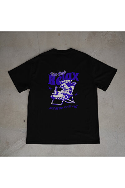 urbvn تي شيرت أسود كبير الحجم مطبوع بتصميم Relax
