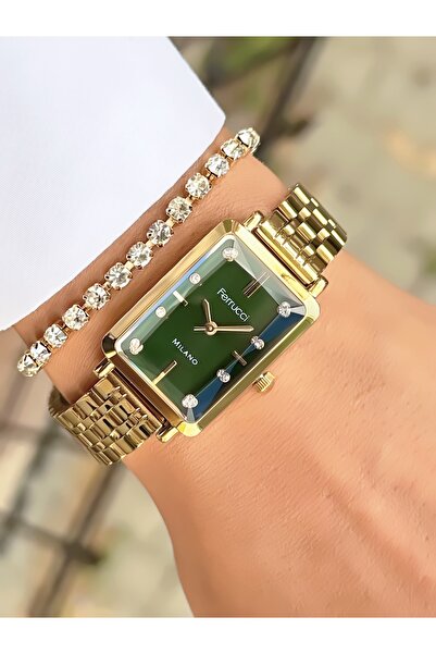 Ferrucci Kadın Kol Saati Dikdörtgen Model Kesme Cam Çelik Kordon Su Geçirmez Bileklik Hediyeli