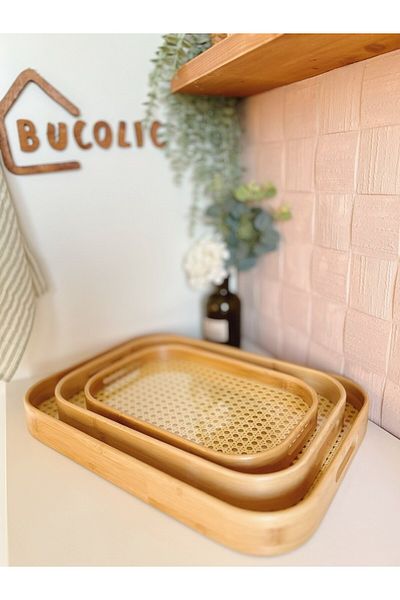 BUCOLIC Set of 3 Bamboo Hazeran Rectangular Trays
