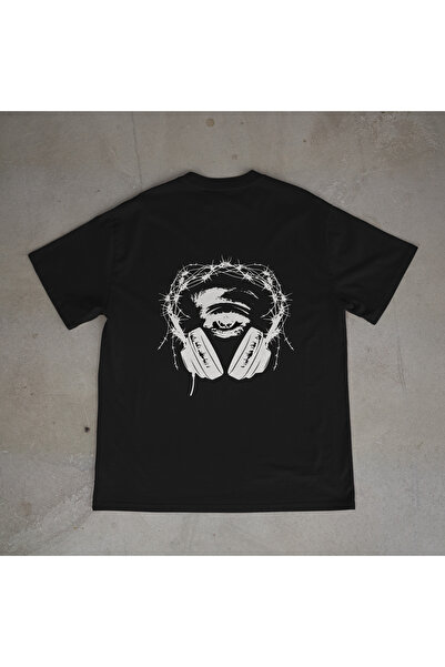 urbvn تي شيرت أسود كبير الحجم مطبوع بتصميم DJ