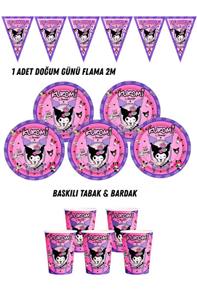 HAPPYLOOPPARTY Kuromi 16 Kişilik Tabak , Bardak , Flama Bayrak Doğum Günü Set
