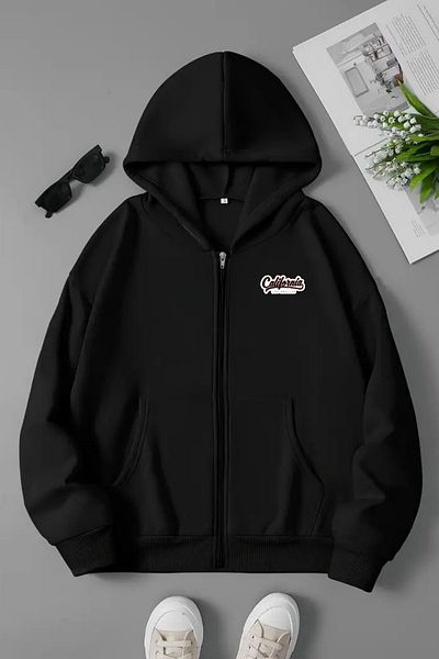 VBSVİBES Unisex Black Hooded Zippered Sweatshirt – California Minimal Printed, Thick Fabric with Hood
