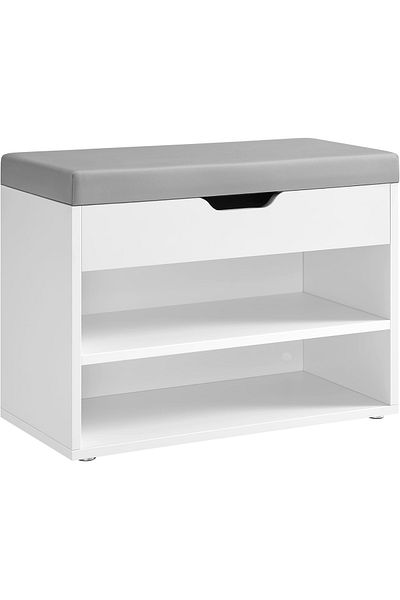 VASAGLE Shoe rack with upholstered bench, 3 compartments, chipboard and PU seat, 60x30x44 cm, white