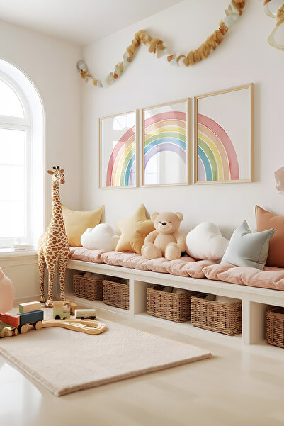 Home Suluboya Gökkuşağı Duvar Sanatı, 3 Baskı Üçlü Set, Çocuk ve Kız Odası De...