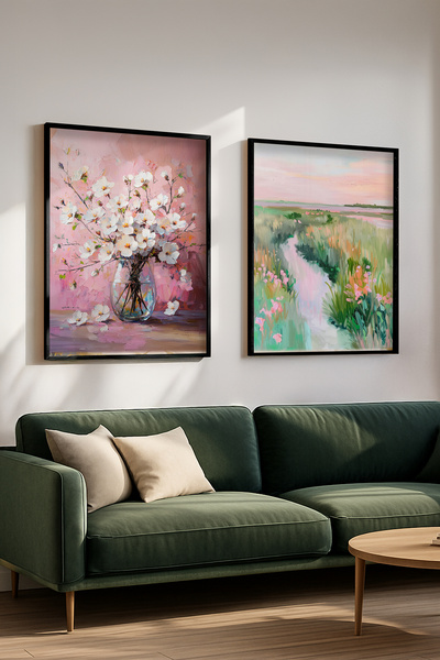 STARYUNA Set de picturi duble cu efect de pictură în ulei cu flori albe și ve...