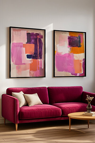 STARYUNA Σετ δύο ζωγραφικών τεχνών με μοντέρνο μαύρο πλαίσιο σε ροζ και πορτο...