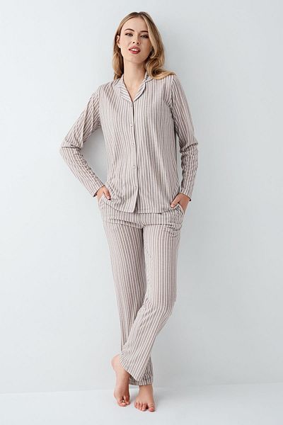 Arnetta Women's Mink Shirt Pajamas Suit, Striped, 100% Cotton