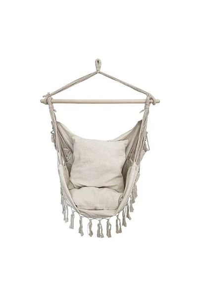 divendi-ro Suspended Swing Chair Beige with Macrame and 2 Cushions, 100x130x110 cm