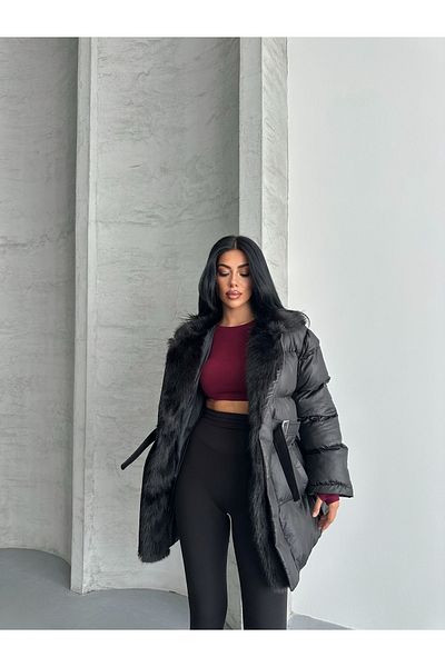 MEECY Women's Fur Collar Belted Premium Coat