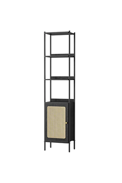 VASAGLE 6-Tier Bookcase, Metal Frame, Boho Rattan Effect Door, 30x40x175 cm, Black