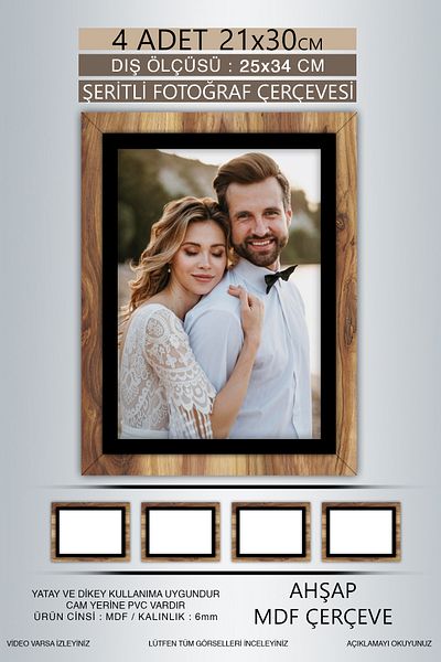 Bytwo 4 Pieces 21X30 Frame - Wooden-Black Striped Frame - A4 Frame - Diploma Frame with Pvc