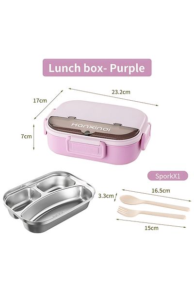 nuzki Stainless Steel Lunch Box 3-Compartment Bento Box with Cutlery, Leakproof, Microwave-Safe, BPA-Free