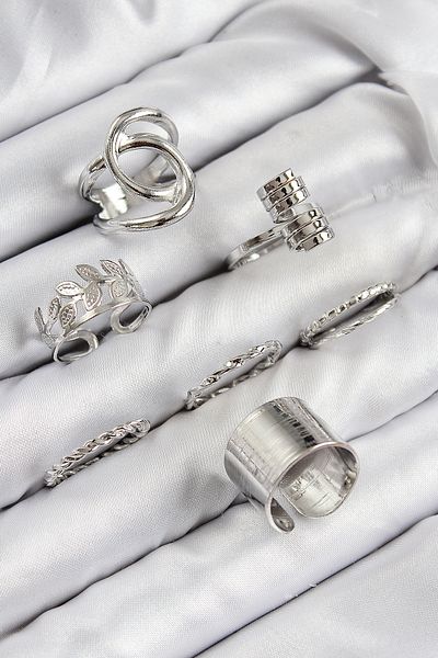 norsary Brass Leaf Model Silver Color Women's Ring Combination Set
