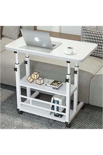 Türkiye Home Office Desk, Lifted Height Adjustable Bedside Laptop Desk with Shelf & Rolling Wheels, Portable
