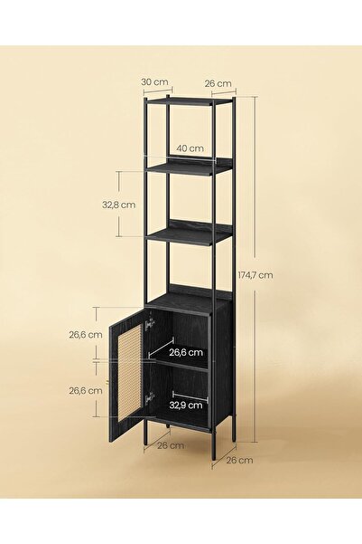 VASAGLE 6-Tier Bookcase, Metal Frame, Boho Rattan Effect Door, 30x40x175 cm, Black