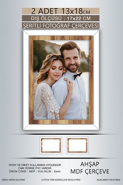 bymat 2 Pieces 13X18 Frame - White Wooden Striped Frame - Mdf Frame - Pvc Photo Frame