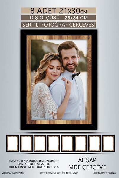 bymat 8 Pieces 21X30 Frame - Black Wooden Striped Frame - A4 Frame - Diploma Frame with Pvc