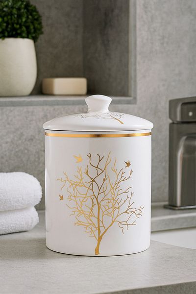 CEZVE HOME Decorative Porcelain Tree of Life Patterned Gold Detailed 5-Piece Bathroom Set