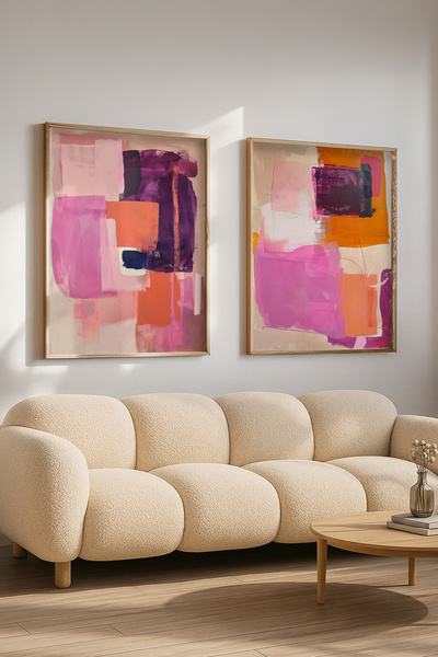 STARYUNA Set de picturi moderne abstracte în tonuri de roz portocaliu cu rame din lemn Yuna281