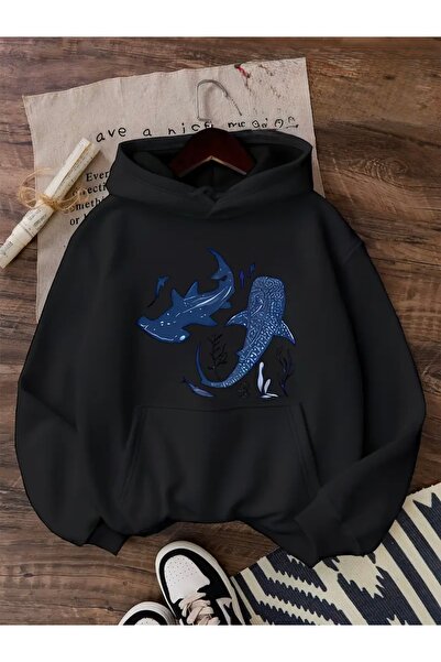 FUFLUNS MAVİ BALIK BASKILI OVERSİZE UNISEX KAPÜŞONLU SWEATSHİRT