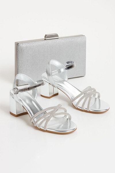 MFT AYAKKABI Women's Patent Leather Stone Thick Heeled Evening Dress Shoes and Bag Set