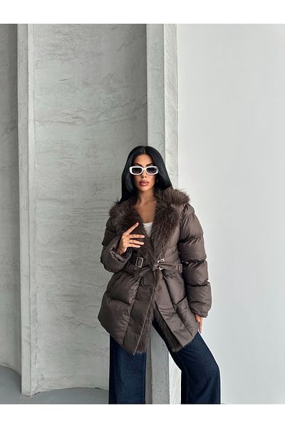 MEECY Women's Fur Collar Belted Premium Coat
