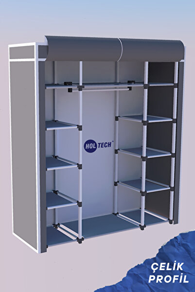 HOLTECH Bez Dolap Çift Yandan Raflı Çelik İskeletli Çok Raflı ve Askılı Gri Kumaş Gardırop -