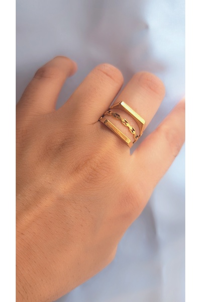 Çelik Altın Renk Zincir Detaylı Geometrik Tasarım Yüzük