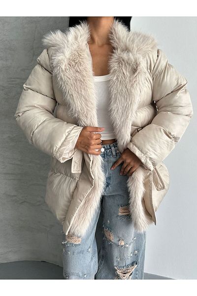 MEECY Women's Fur Collar Belted Premium Coat