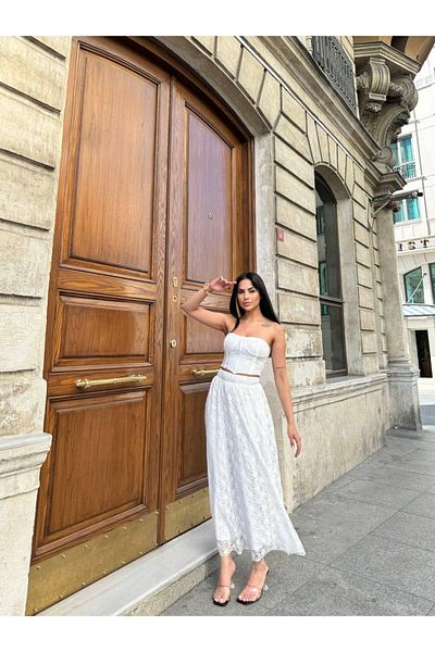369 etnik butik Lace Detailed Strapless Bustier & A-Line Maxi Skirt Double Set - White / Blue