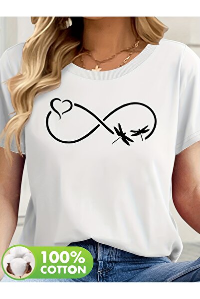 GALASHOP تي شيرت أبيض بسيط بنمط الفراشة واليعسوب