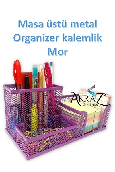 Akraz Art Design MASA ÜSTÜ METAL KALEMLİK ÜÇ GÖZLÜ (MASA SETİ) MOR
